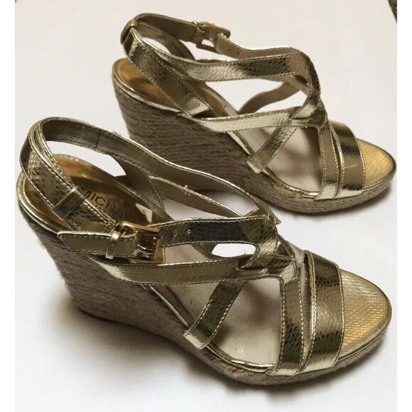 Michael Kors Palm Beach Gold Leather Snake Print Metallic Espadrille Wedge 9.5 - Picture 4 of 10